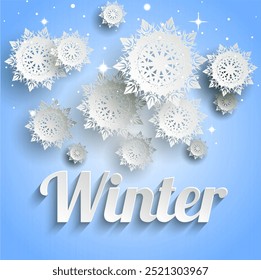 White snowflakes of various sizes float against a blue sky background with sparkling stars surrounding the word Winter written in bold 3D text. Ideal for winter themes holiday designs greeting cards