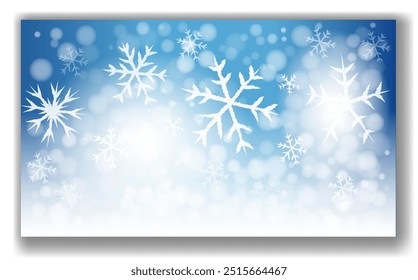 White snowflakes of various sizes on a blue gradient background with bokeh effect. Winter holiday theme, festive and cold season concept. Vector illustration