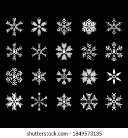 Weiße Schneeflocken-Vektorgrafik einzeln auf schwarzem Hintergrund, für die Dekorkarte im Winter, Schneekonzept für Weihnachten und Neujahrsfest