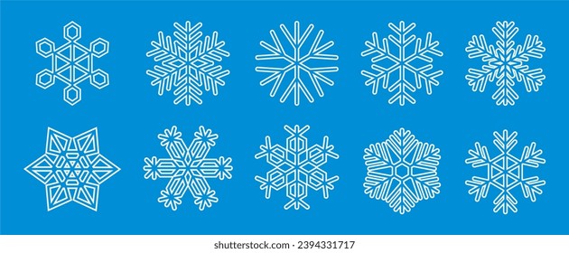 White snowflakes vector set on blue background. Season greeting icon.
