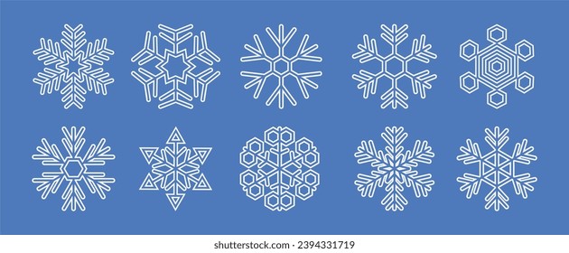 Vector de copos de nieve blancos montado sobre fondo azul. Icono de saludo de temporada.
