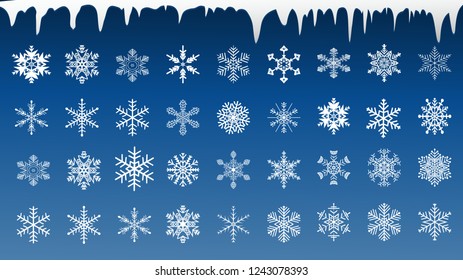 White Snowflakes winter collection isolated on blue background. Flat snow icons. Christmas and new year banner, cards decoration element set. 
