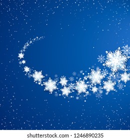 White Snowflekes Trail. Snowfall on blue background. Snowstorm pattern. Vector illustration