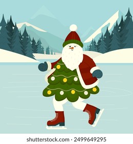 
A white snowman with a beard, dressed as a Christmas tree, in a red sweater, hat, and gloves, is skating on a frozen lake near the mountains and a winter forest