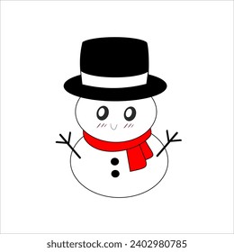 
white snowman character with two buttons and a black hat mixed with red with two brown wooden hands and a red scarf with black eyes and red cheeks   