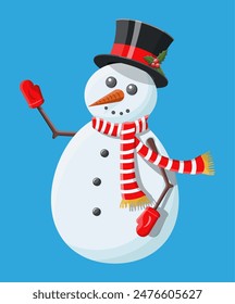 White snowman with cylinder hat and holly, scarf and mittens. Happy new year decoration. Merry christmas holiday. New year and xmas celebration. Vector illustration in flat style