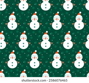 White snowman on dark green background seamless pattern. New year pattern for wrapping paper, fabric, card