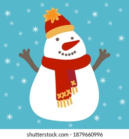 Hombre de nieve blanco con sombrero rojo con pompa, bufanda y nariz de zanahoria. Aislado sobre un fondo azul con copos de nieve. Ilustración vectorial de invierno.