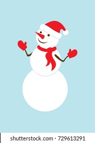 White snowman with red santa hat, scarf and mittens Isolated on blue background. Winter symbol. Christmas and New Year design element. Snowman flat icon. Cute cartoon character.