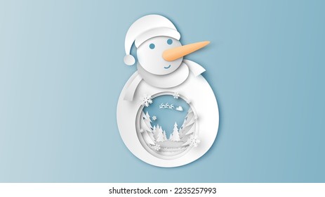 White Snowman. Santa Claus flying on sky in Christmas in paper cut Snowman frame. Merry Christmas and Happy New Year. paper cut and craft style. vector, illustration.