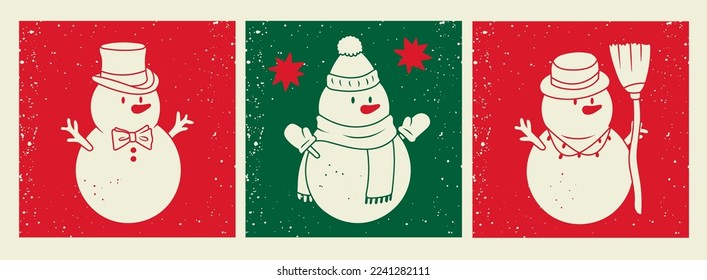 White Snowman set. Isolated snowmen with branch arms, top hat, bow tie, beanie, scarf and broom. Winter, Merry Christmas, holiday concept. Cute funny characters. Hand drawn Vector illustrations, cards