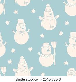 White Snowman set. Snowmen with branch arms, top hat, bow tie, beanie, scarf and broom. Winter, Merry Christmas, holiday concept. Cute characters. Hand drawn Vector seamless Pattern. Blue background