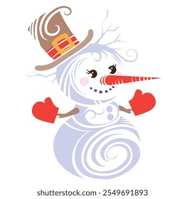 white snowman in a top hat on his head and in red mittens, isolated object on a white background, vector illustration, eps