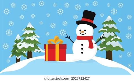 White Snowman with Twig Hand Up Wearing Black Red Hat and Red Scarf Winter Happy See Red Yellow Gift Box on Blue Background with Two Pine Trees