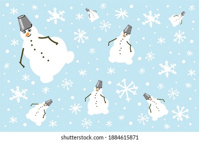 White, snowmen and snowflakes on a blue background. Flat lay.
