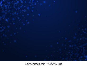 White Snowstorm Vector Blue Background. Shiny Glitter Confetti Texture. Xmas Snow Invitation. Bokeh Dots Illustration.