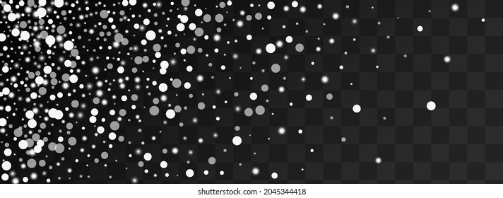 White Snowstorm Vector Panoramic Transparent Background. Grey Falling Dots Card. Festive Snow Banner. Elegant Stars Pattern.