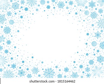 Frasco blanco de nieve con marco 4x3. Brillos de nieve brillantes con espacio libre en el centro, borde de invierno congelado y partículas de nieve brillante frío ilustración de fondo vectorial