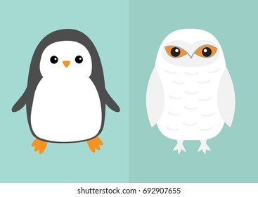 White Snowy owl and Penguin bird icon set. Sitting birds with wings. Snow barn. Orange eyes. Arctic Polar animal collection. Baby education. Flat design. Isolated. Blue background. Vector