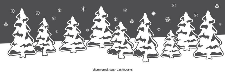 White, snowy trees with snowflakes on shop window, window, self-adhesive foil decoration for cutting plotter