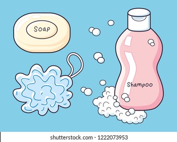 White soap bar, blue soft bath puff and pink shampoo bottle with foam isolated.