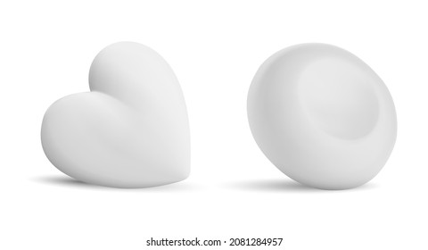 White Soap Bar Isolated. Solid Cosmetics Butter Pack, Round Shape Detergent Template. Brand Hygiene Toiletries, Ellipse And Heart Shape Clean Blank. Vector Mockup Of Rounded Soap Bars