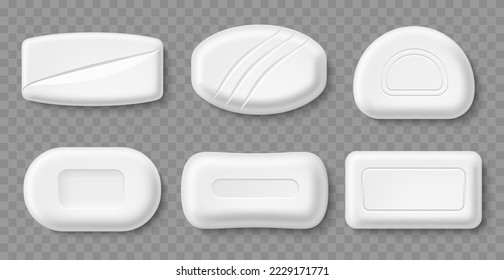 White soap bars. Realistic hygienic products mockup, different shapes top view, antibacterial spa washing cosmetic, bath elements, 3d isolated elements, skin care cleanser, utter vector set