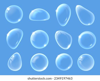 White soap bubbles. Close-up glassy and transparent water drops, abstract suds shapes and clean clear ball isolated macro vector illustration set of transparent soap water realistic