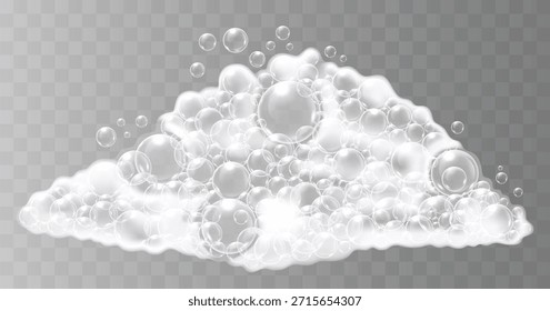 Espuma de jabón blanco con burbujas brillantes sobre un fondo transparente. Ilustración vectorial
