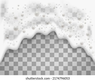 White soap froth texture with bubbles. Bath foam or beer foam with bubblies isolated on transparent background. Vector 