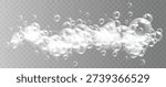 White soapy foam and floating air bubbles on transparent background. Realistic vector illustration