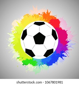 White soccer ball with watercolor rainbow spray. Vector element for feeding sports articles, invitations, banners and your design