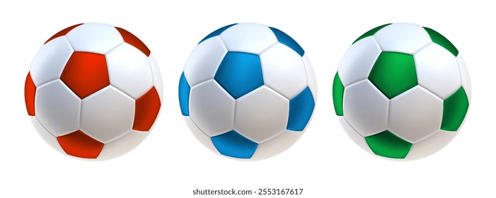 white soccer balls 3d icons. Balls with red blue and green colors inserts. 3d vector render Symbol or emblem football . Vector illustration