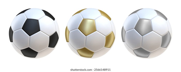 white soccer balls 3d icons. Balls with black gold and silver colors inserts. 3d vector render Symbol or emblem football . Vector illustration