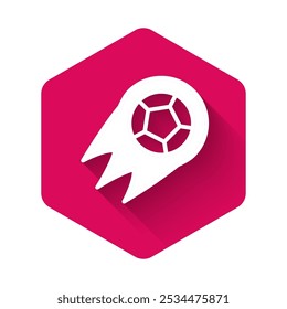 White Soccer football ball icon isolated with long shadow background. Sport equipment. Pink hexagon button. Vector