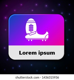 White Soccer or football shoes with spikes icon isolated on black background. American football boot and ball. Rectangle color button. Vector Illustration