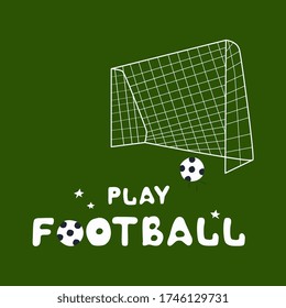 White soccer goal, ball, text on a green background-grass.