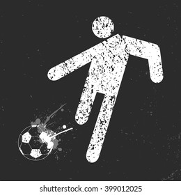 White Soccer player with ball, vector icon in grunge style on black background