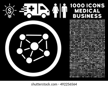 White Social Graph vector rounded icon. Image style is a flat icon symbol inside a circle, black background. Bonus set contains 1000 health care business pictographs.