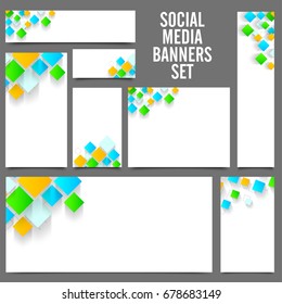 White Social Media Banners set with abstract colorful squares element.