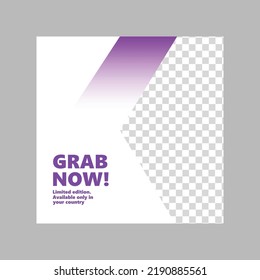 White social media post template with purple gradient colored decoration, image space, and "grab now" text. Suitable for commerce, internet advertising, and product display.