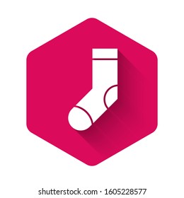White Socks icon isolated with long shadow. Pink hexagon button. Vector Illustration
