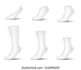 White socks on mannequin realistic set. Tissue pairs of stocking collection blank template isolated. Modern clothes accessories no show, low cut, ankle, mid calf, over the calf. Vector illustration