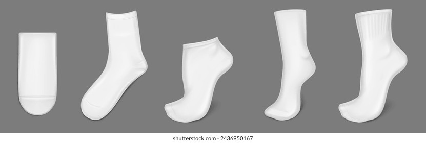 White socks realistic mockup. Vector 3d illustration set of empty low and middle foot wear on leg and flat lay. Blank fabric shoe underwear template. Cotton clothing accessory for brand design.