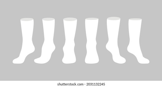 White socks template mockup flat style design vector illustration set isolated on white background. Long black socks with different angles mockups.