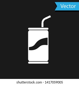 White Soda can with drinking straw icon isolated on black background. Vector Illustration