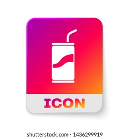 White Soda can with drinking straw icon isolated on white background. Rectangle color button. Vector Illustration