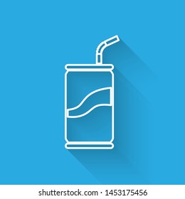 White Soda can with drinking straw line icon isolated with long shadow. Vector Illustration