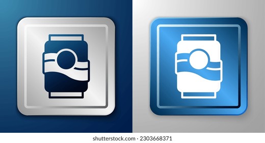 White Soda can icon isolated on blue and grey background. Silver and blue square button. Vector