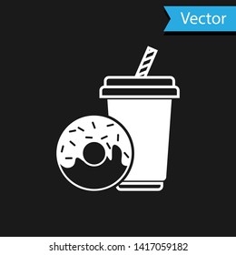White Soda drink with drinking straw and donut icon isolated on black background. Fast food symbol. Vector Illustration